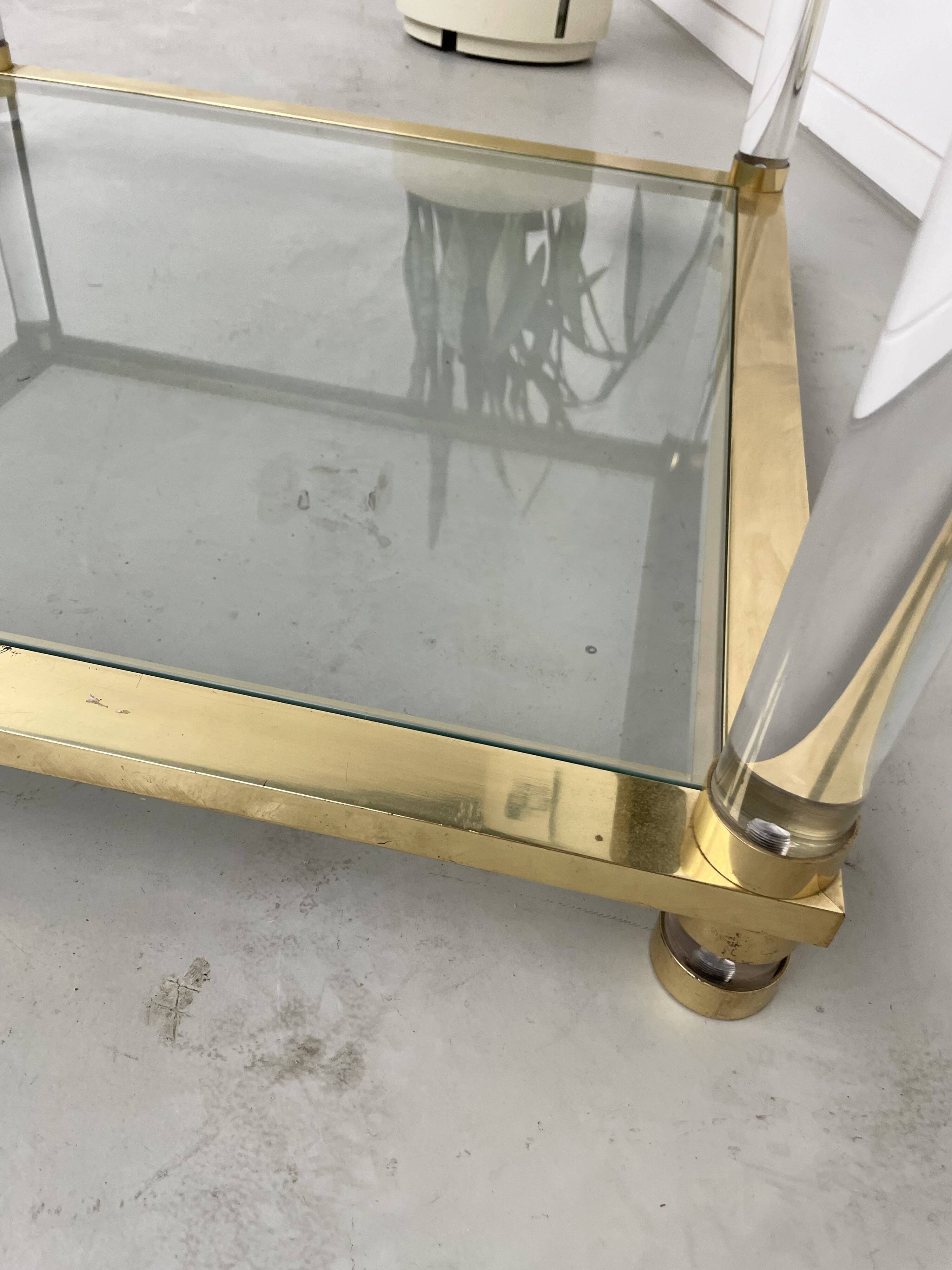 1970s lucite, brass and glass coffee table