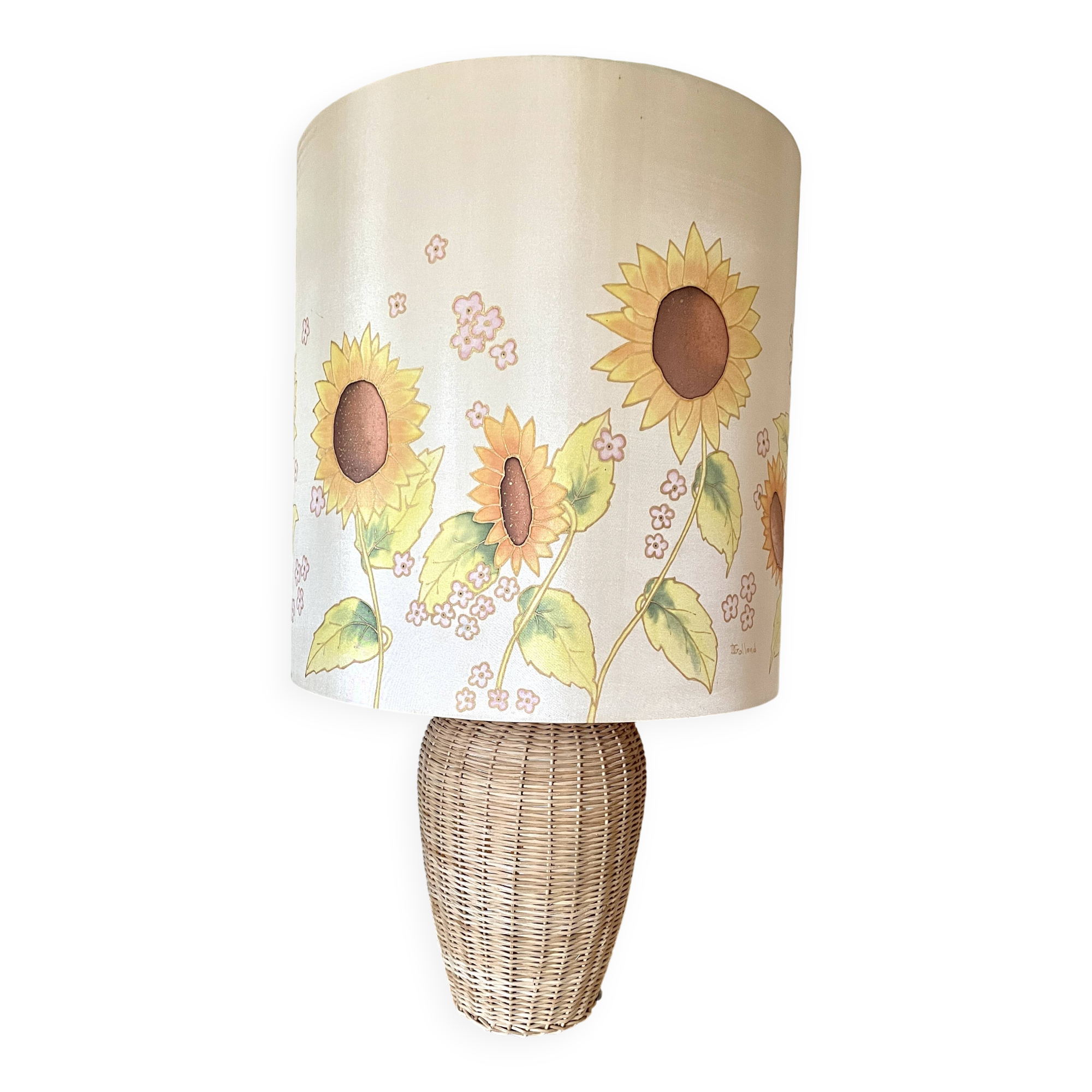 Large sunflower lamp signed silk and rattan 1970
