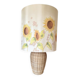 Large sunflower lamp signed silk and rattan 1970