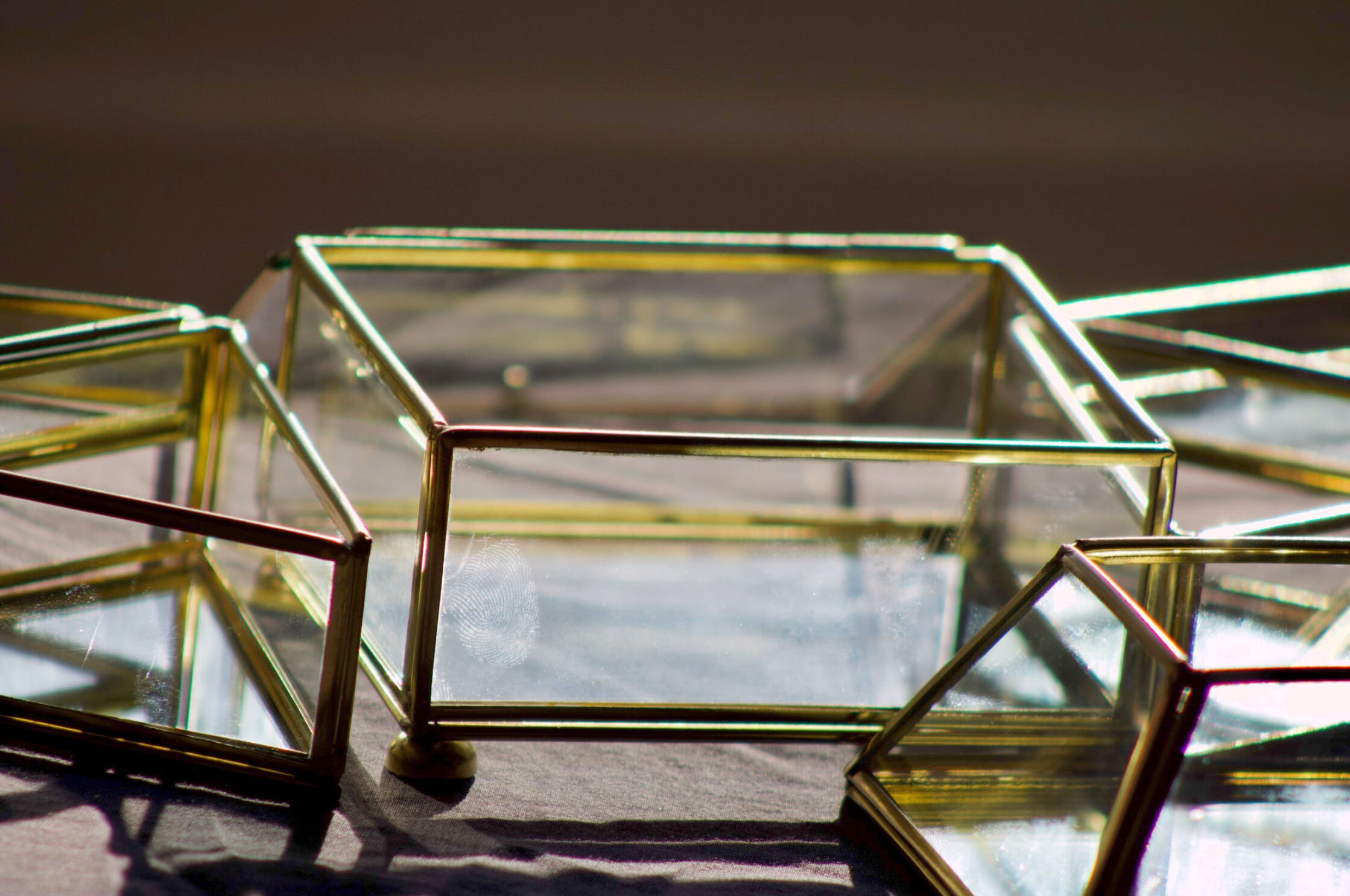 4 old glass, brass and mirror jewellery boxes