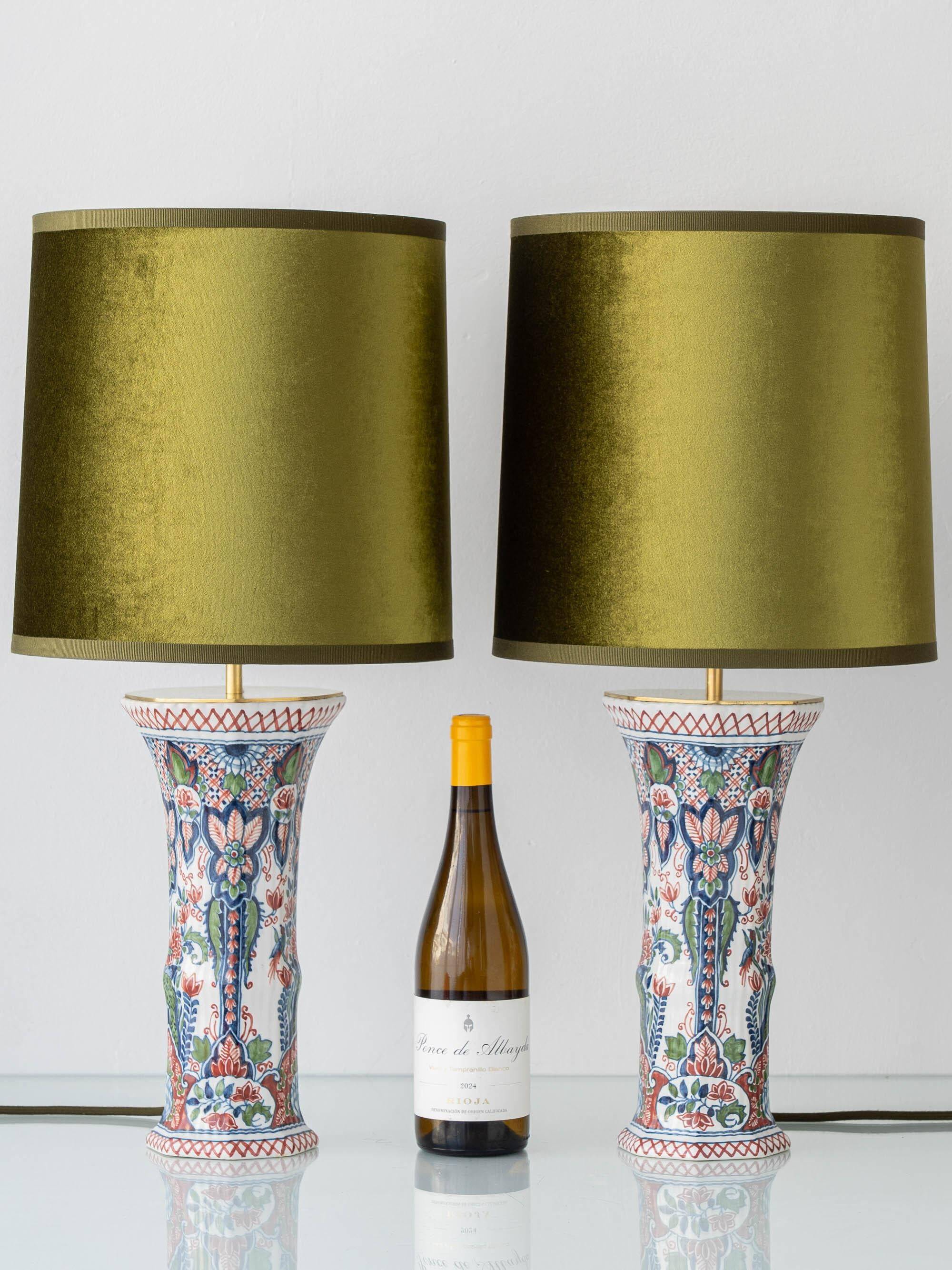 Pair of Dutch Delft Makkum ceramic table lamps with new olive green velvet shades.