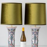 Pair of Dutch Delft Makkum ceramic table lamps with new olive green velvet shades.