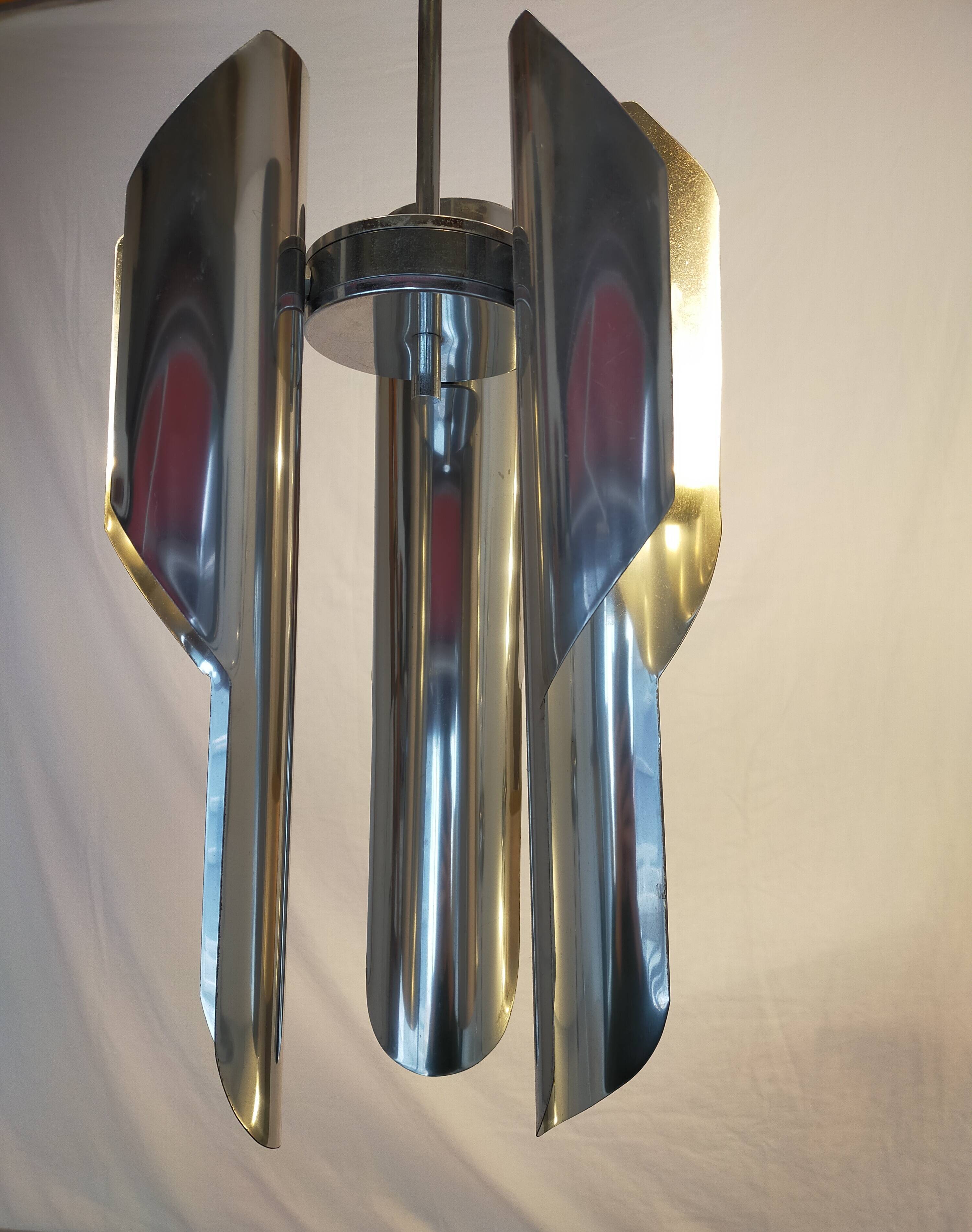 Chrome metal pendant lamp from the 1970s
