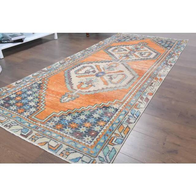 Vintage Turkish Oushak Handmade Wool Cotton Orange Runner Rug 116x250