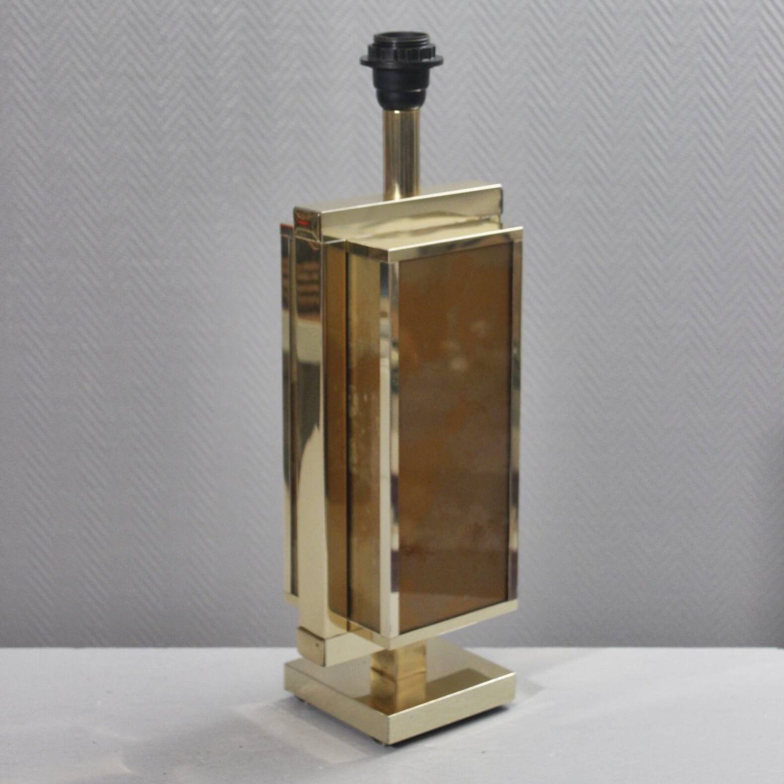 Philippe Cheverny large brass lamp with eglomisé glass, France 1970s