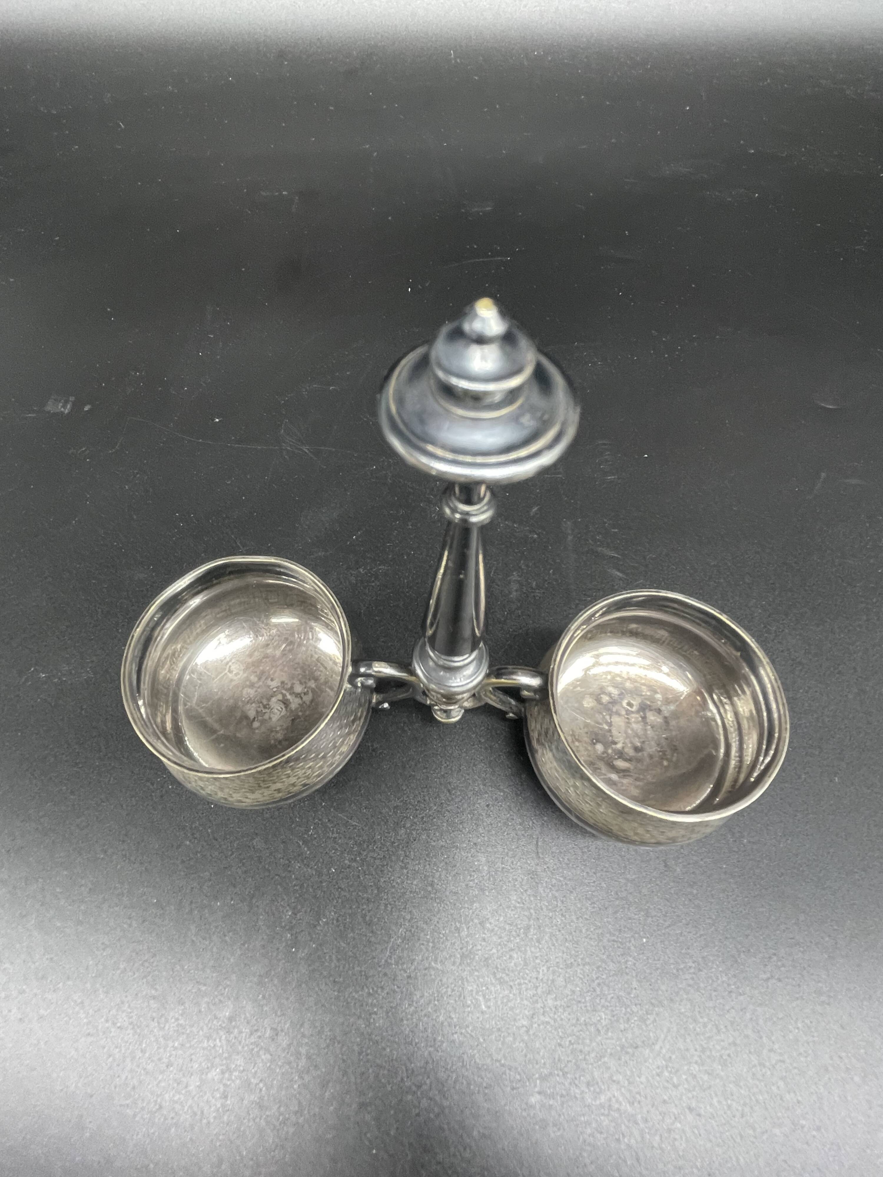 Double salt dish, silver metal, round base, socket, engraved decor, table decoration, chic, hallmark