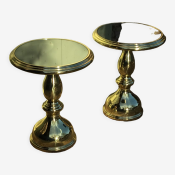 Paire de tables basse métal doré plateau verre fumé