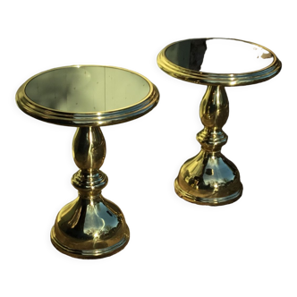 Paire de tables basse métal doré plateau verre fumé
