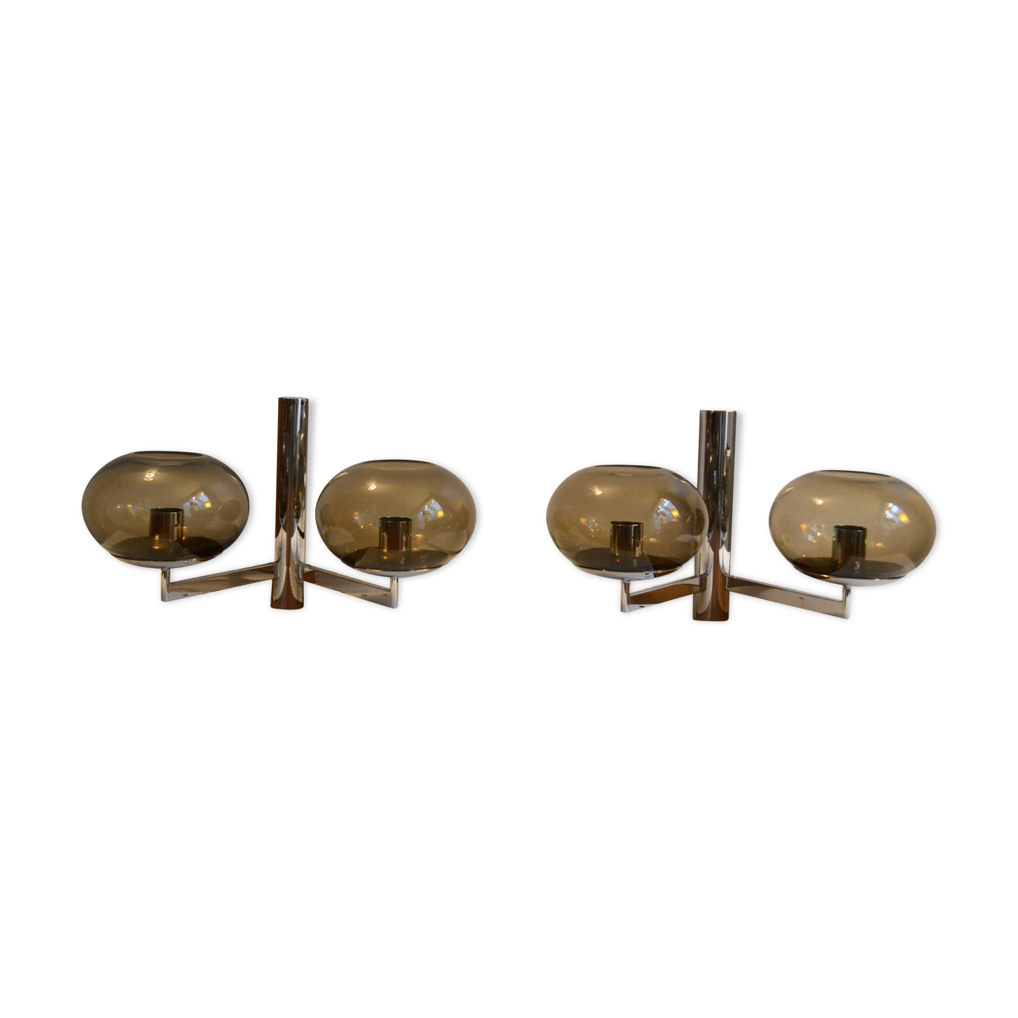 Paires d'appliques Sciolari double verre fumé chrome 70s