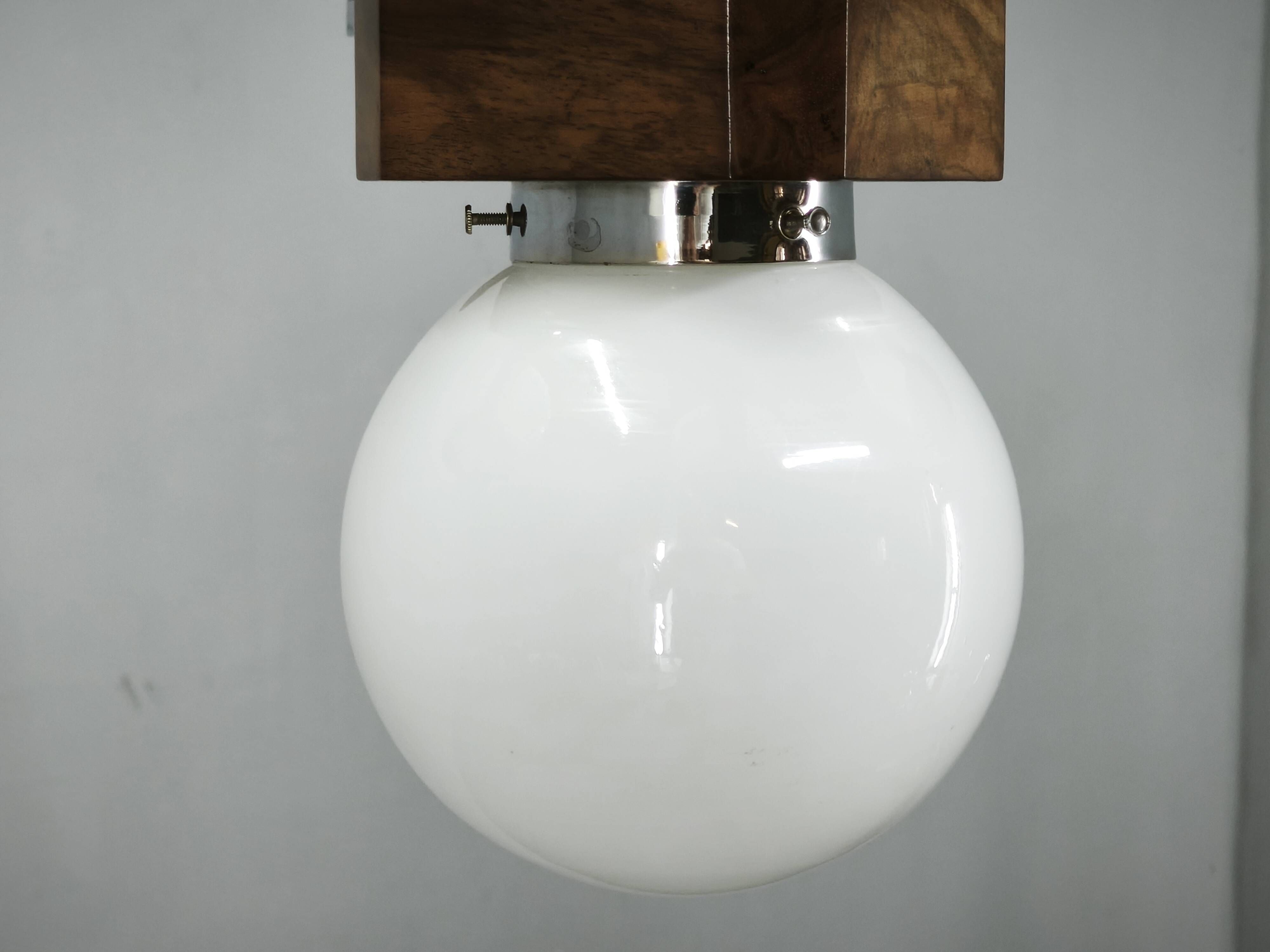 Czech Art Deco Walnut, Chrome and Opaline Glass Chandelier, 1930s