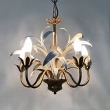 Lustre vintage 3 feux en métal blanc et doré vieilli, feuilles de palmier