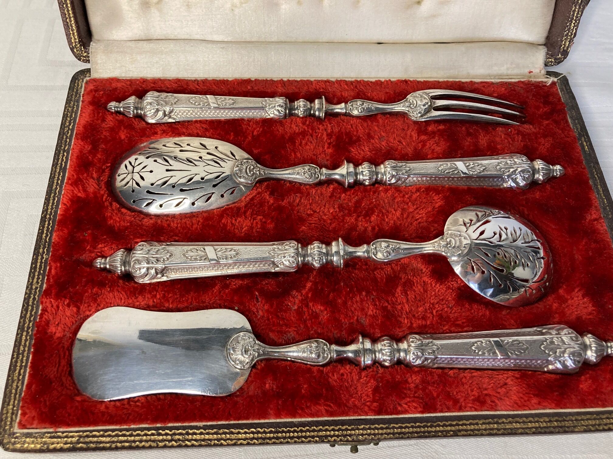 Old candy confectionery service 4 pieces silver metal case XIXth