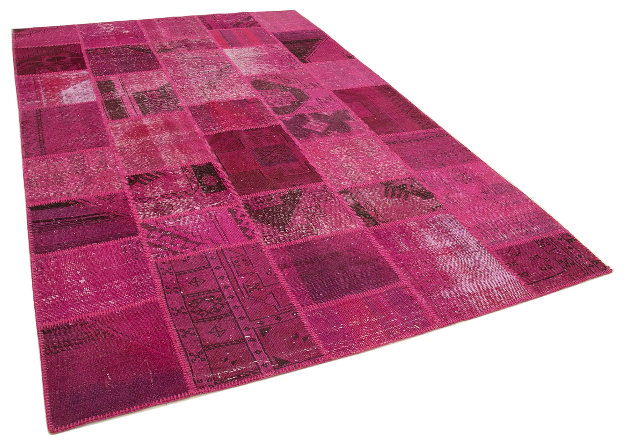 Hand-knotted oriental vintage 198 cm x 302 cm pink patchwork carpet