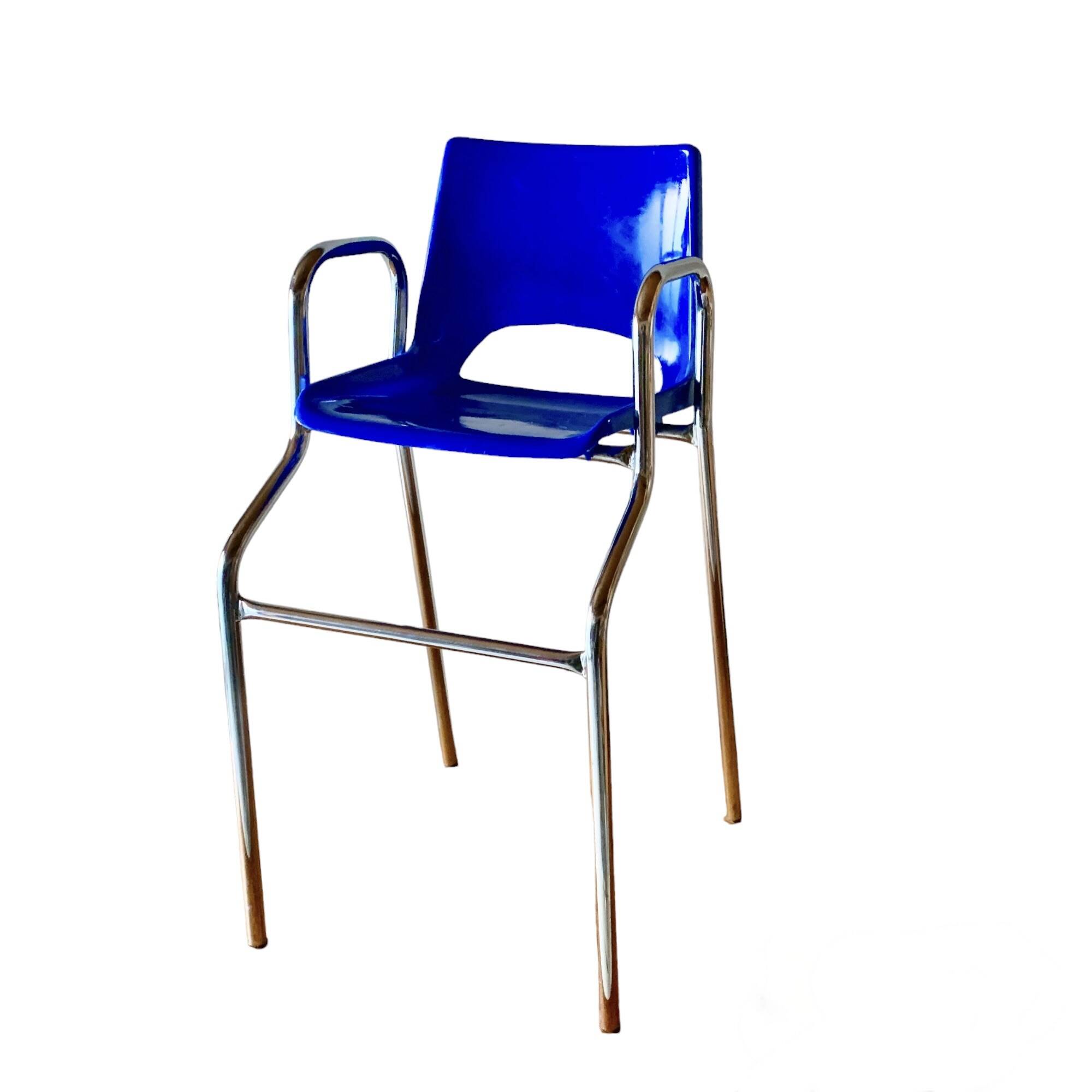 Vintage high chair for children in chrome metal and blue plastic