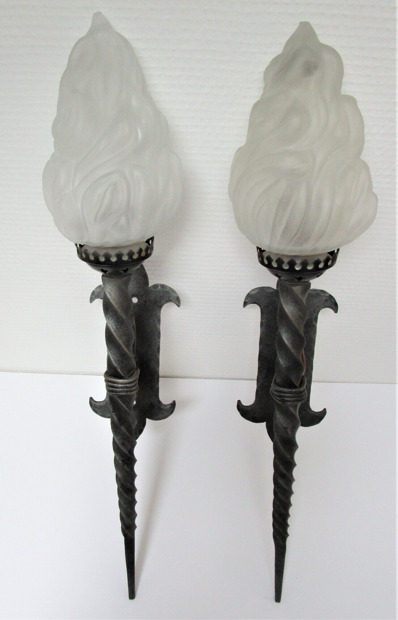 Pair of wall lamps torch glass flame and metal early XXth