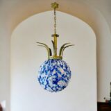 Lustre géant en verre d'art bleu avec couronne en bronze