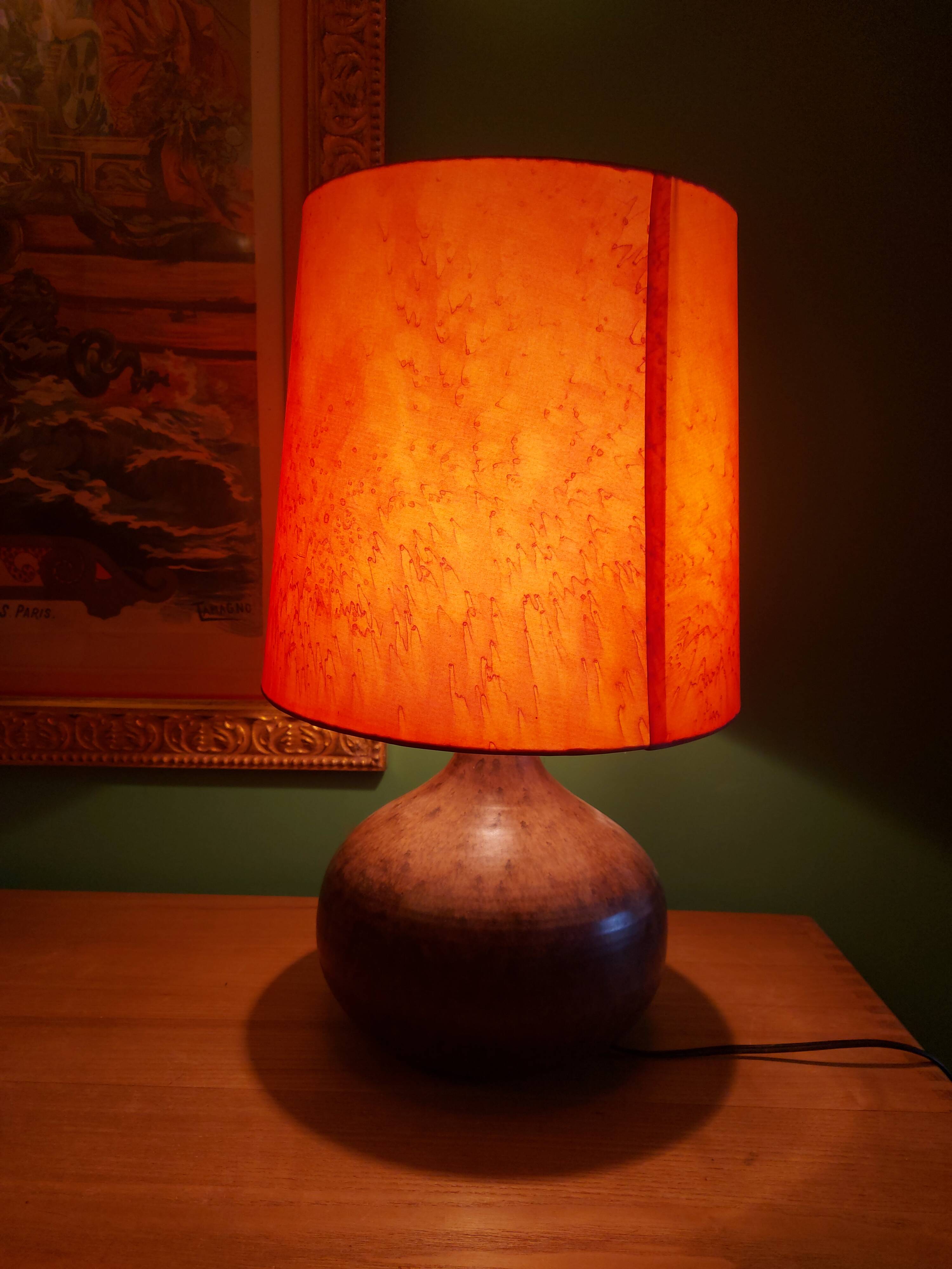 Ceramic (sandstone) lamp from the 50s, 60'S with silk lampshade