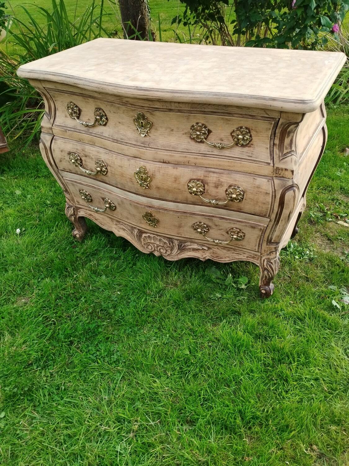 Antique Louis XVI style chest of drawers with wooden top