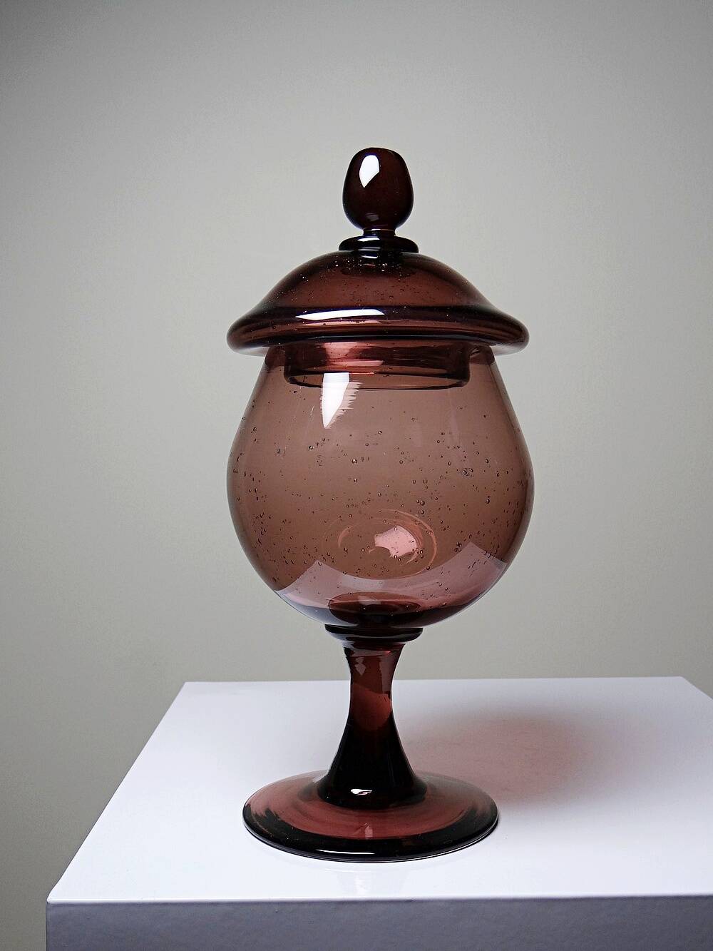 Pot, vintage purple plum bubble glass sweet jar in the style of Biot.