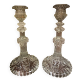 pair of cut glass candlesticks with lion and ram head decor, late 19th century