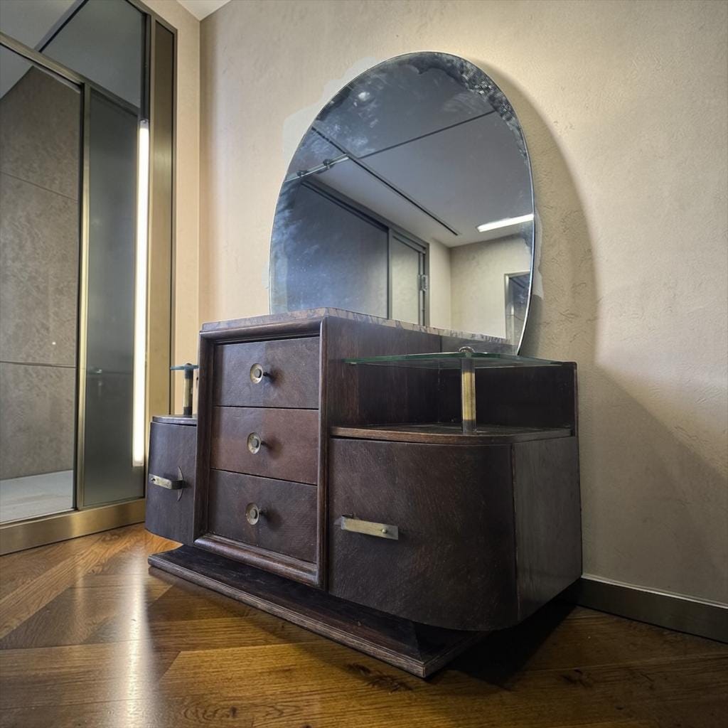 Vintage curved wooden sideboard / Art Deco wardrobe with mirror