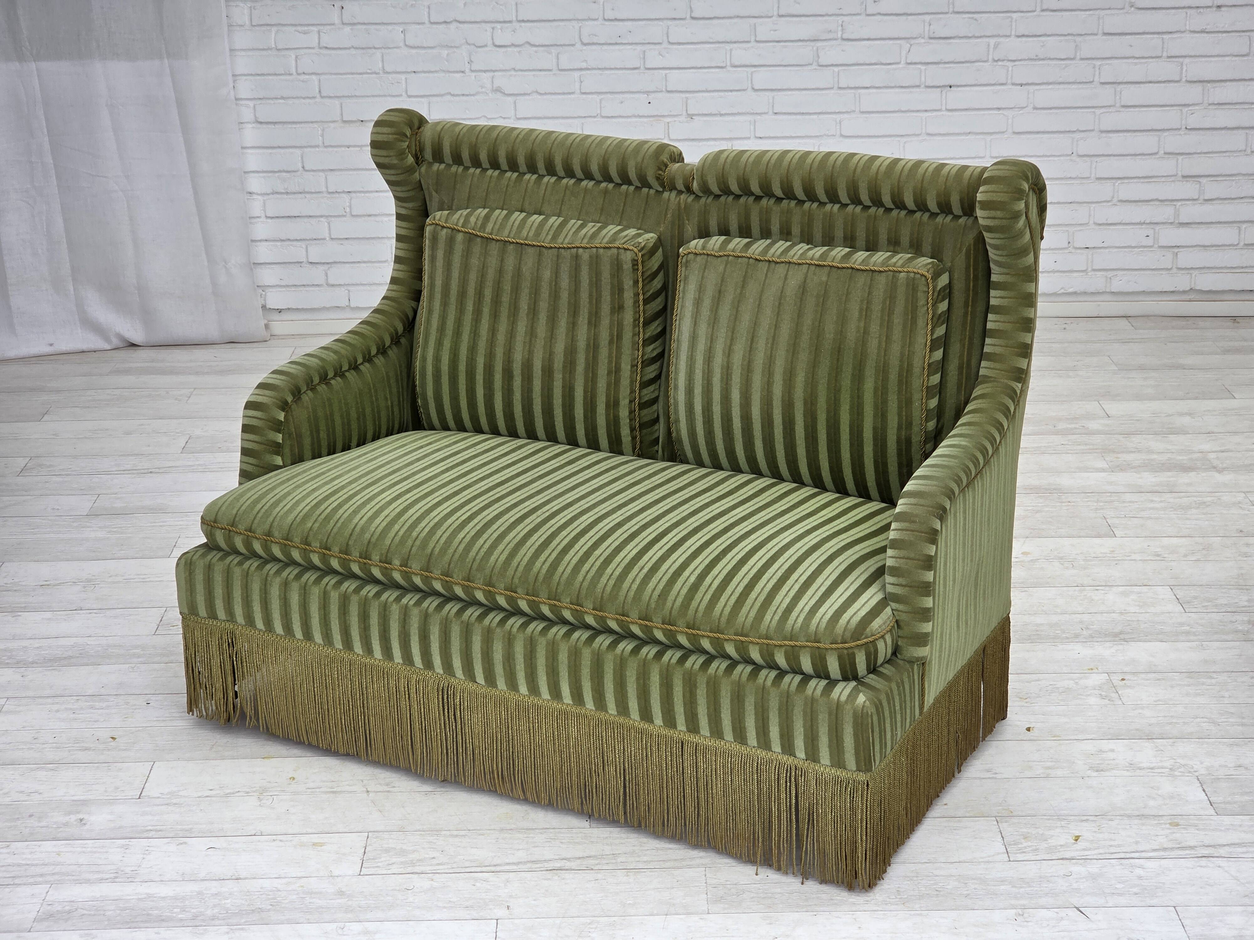 1950s, Danish 2-seater sofa, green furniture velour, beech wood.