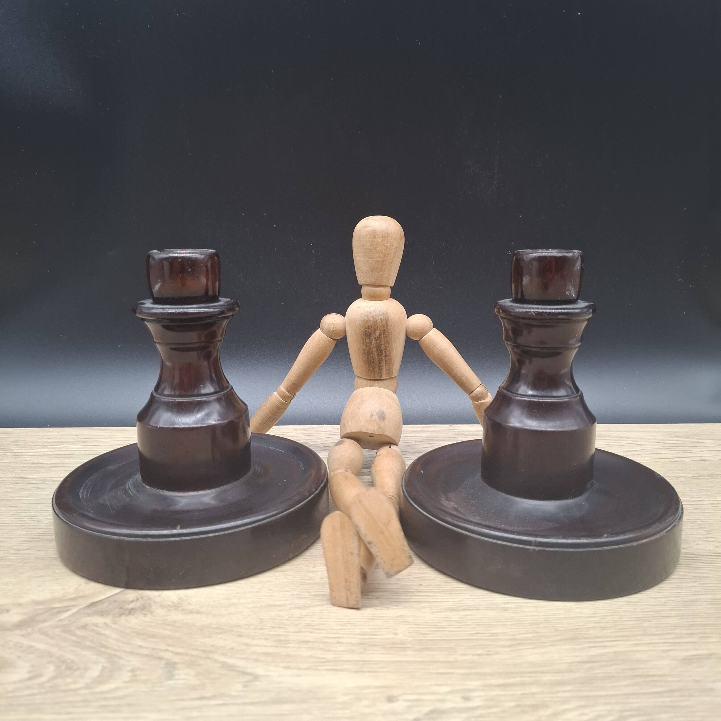 Pair of English turned wooden candlesticks
