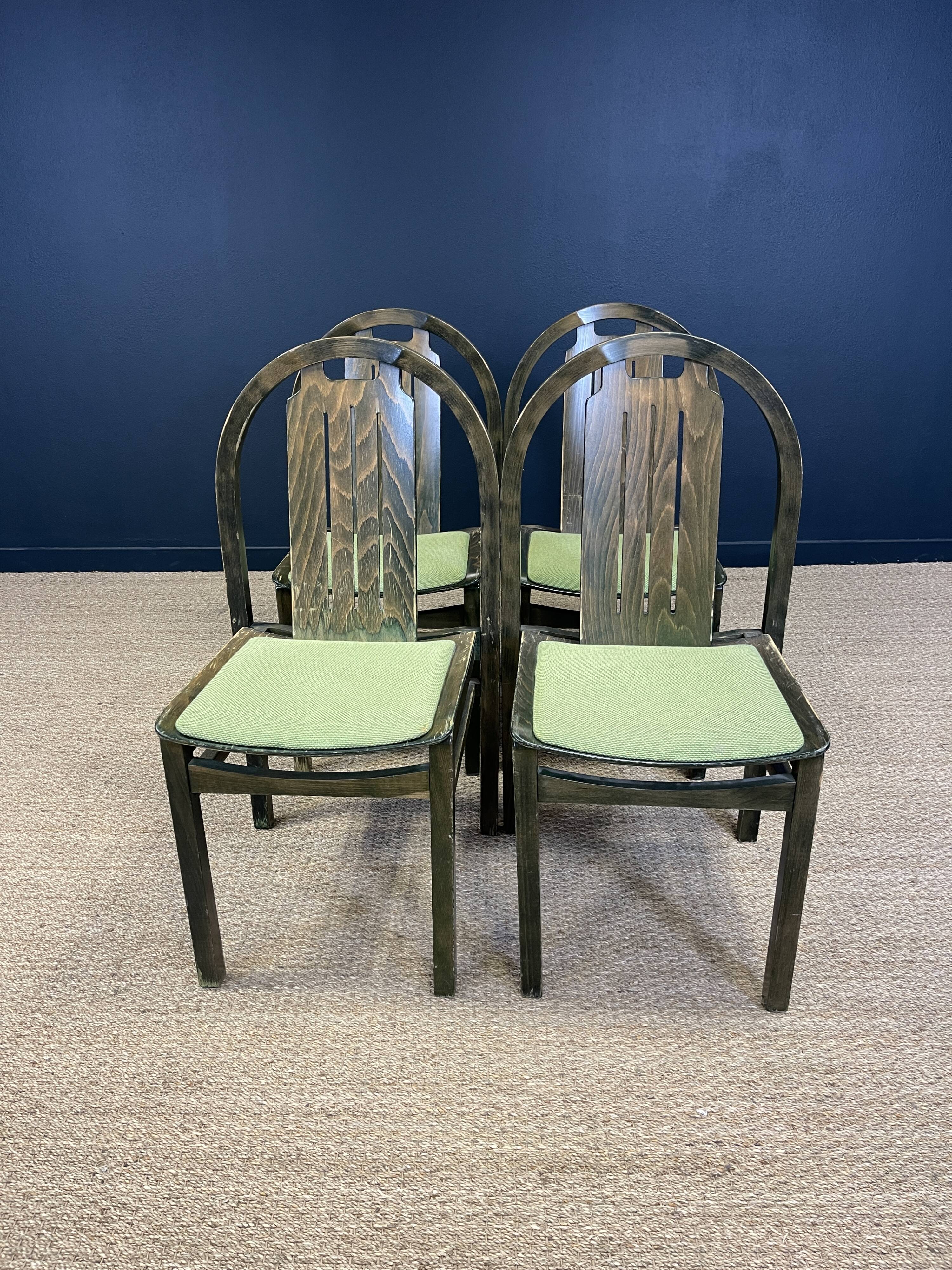 Set of 4 Baumann Argos bistro chairs in wood and green fabric from the 80s France