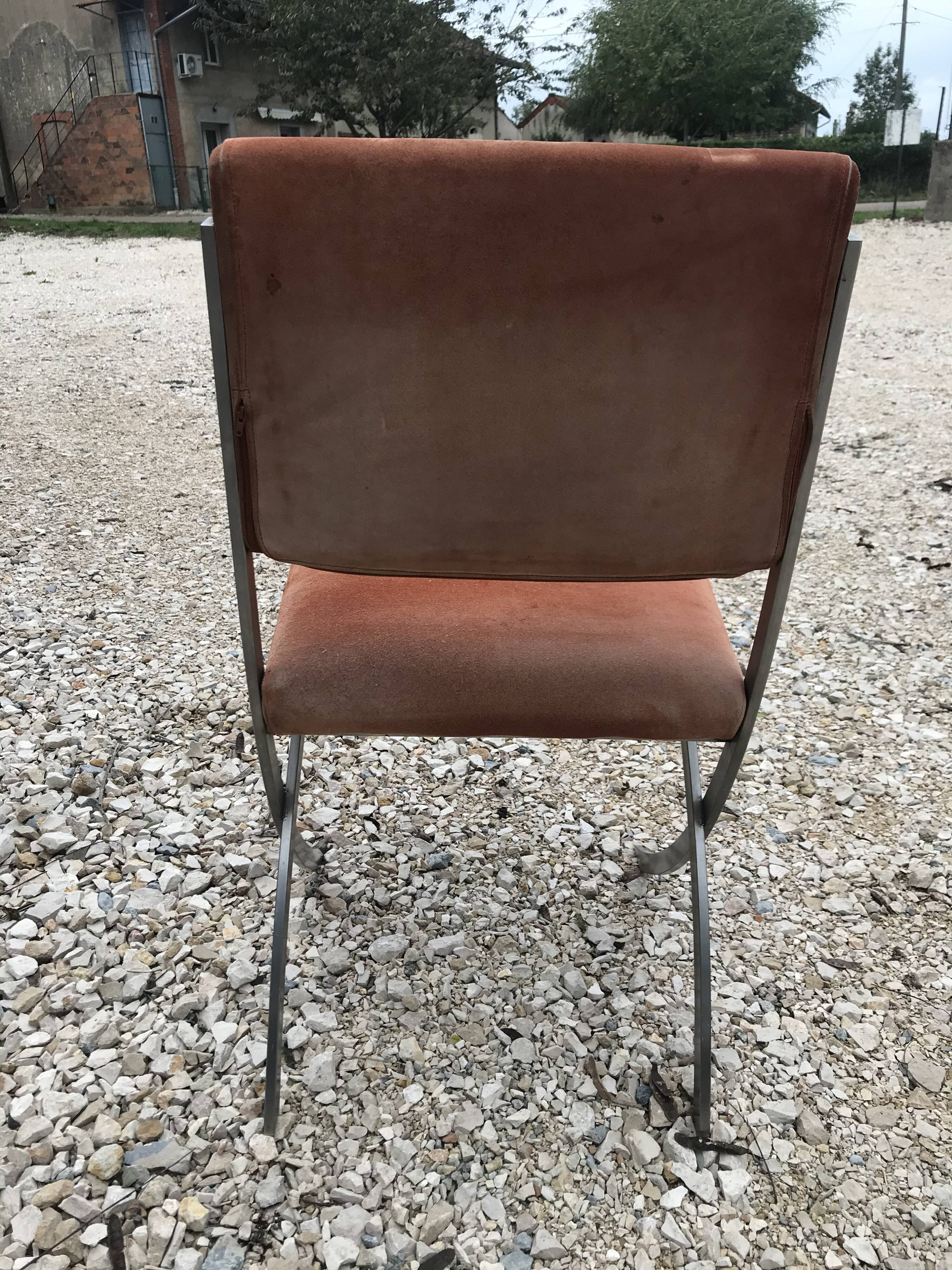 Suite of 4 vintage orange chairs 1970 steel and suede