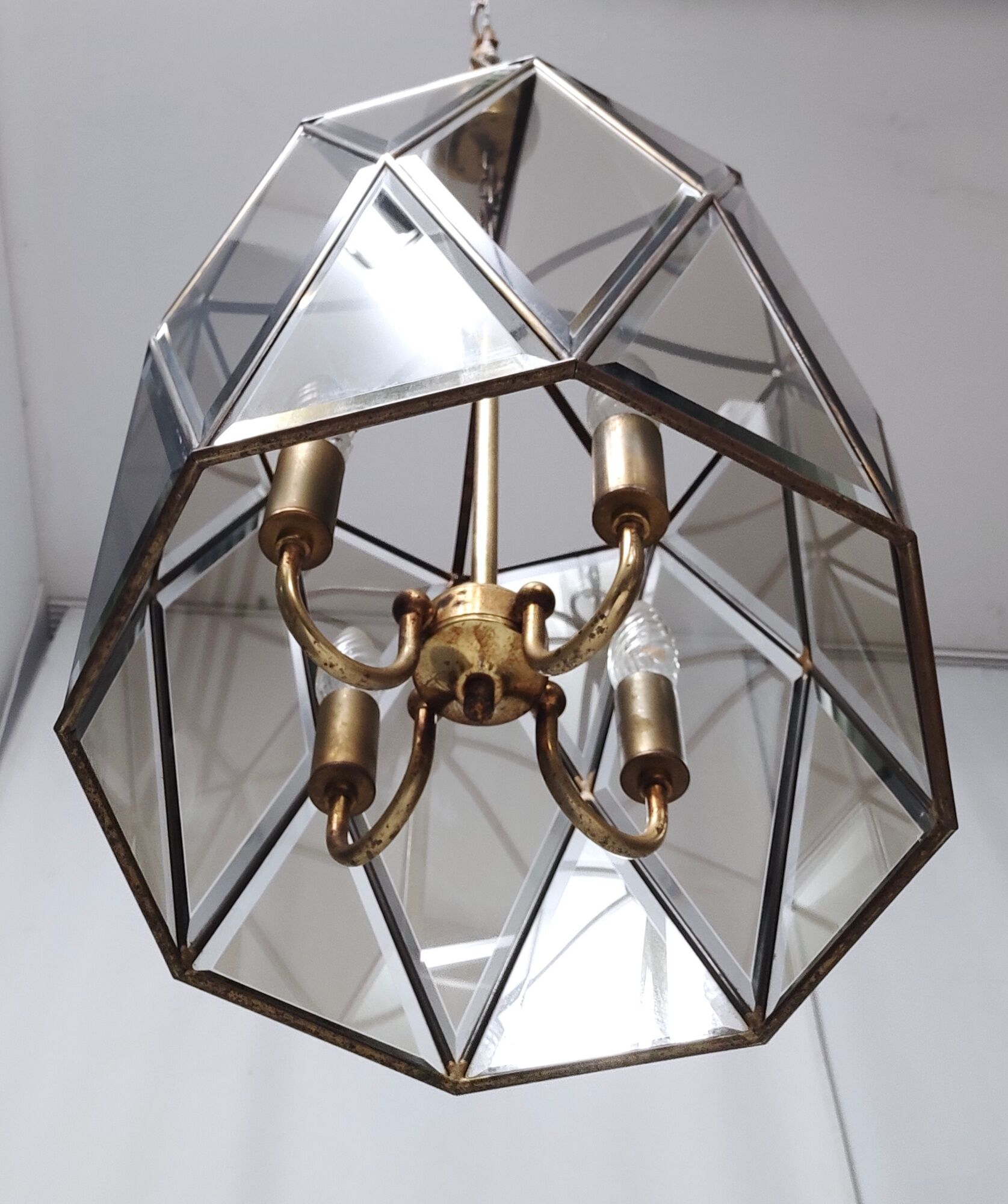 Vintage handmande octagonal glass and brass pendant lantern, Italy