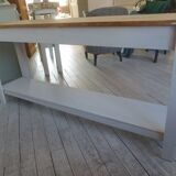 Console with pearl gray patinated base, oak top.