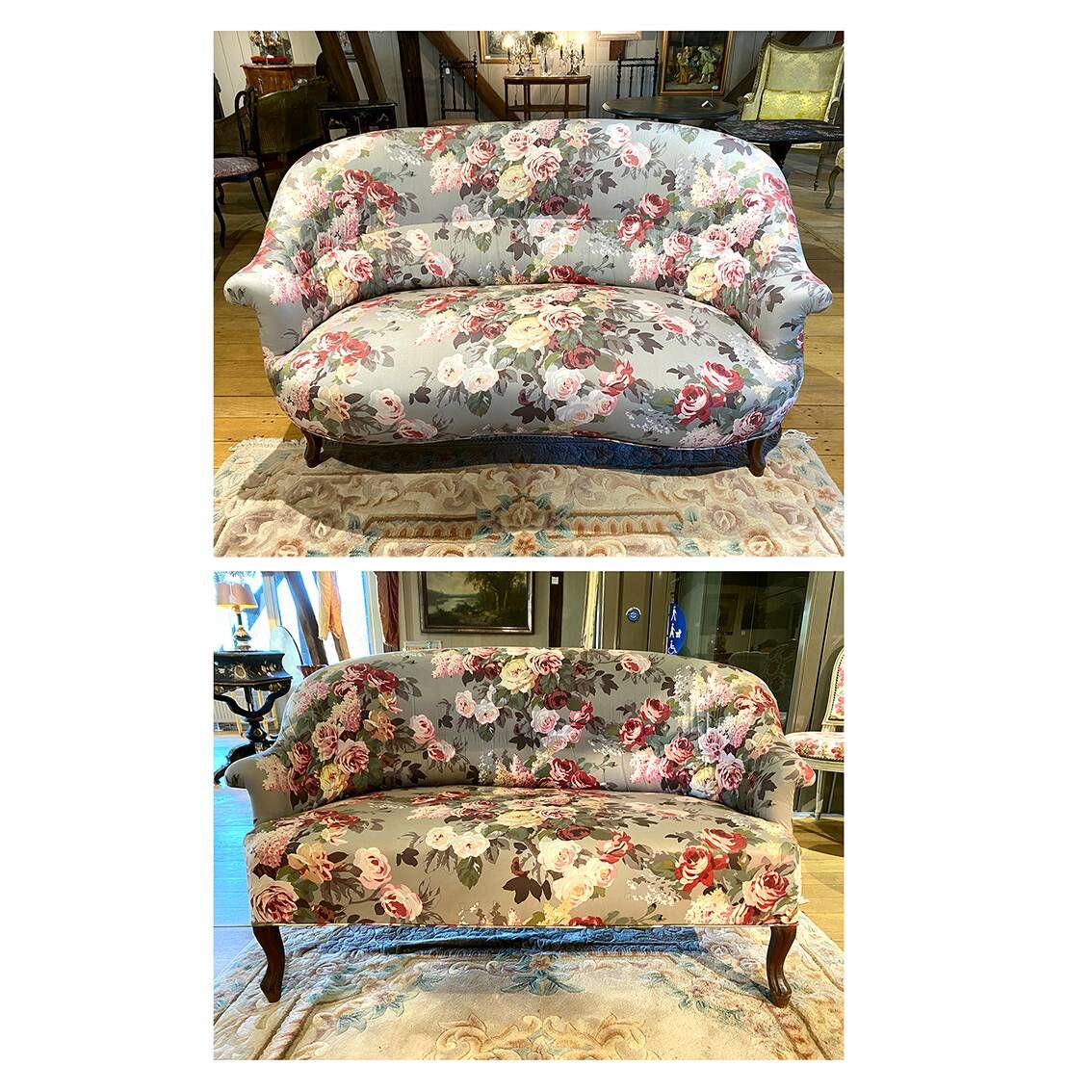 Set of two toad-shaped sofas covered in floral fabric.