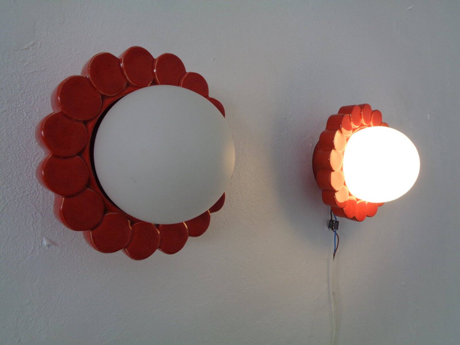 Pop Art Studio Ceramic & Glass Flower Wall Lamps, Germany, 1960s, Set of 2