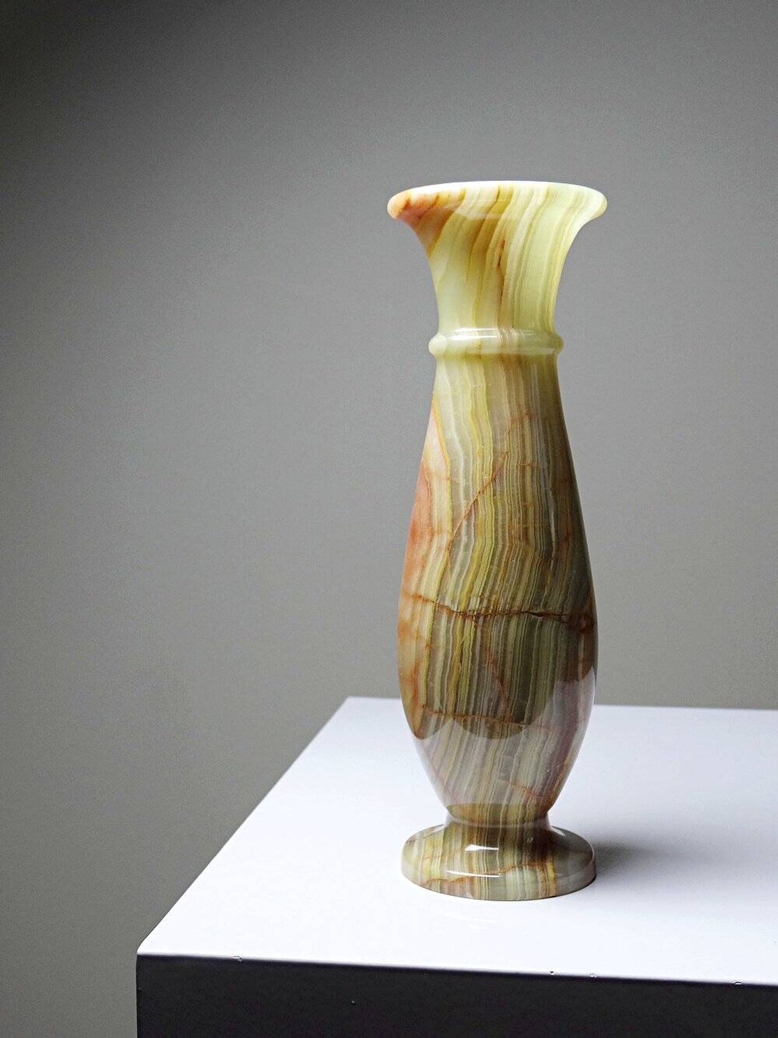Small vintage baluster vase in green striped onyx, Italy, mid-century.