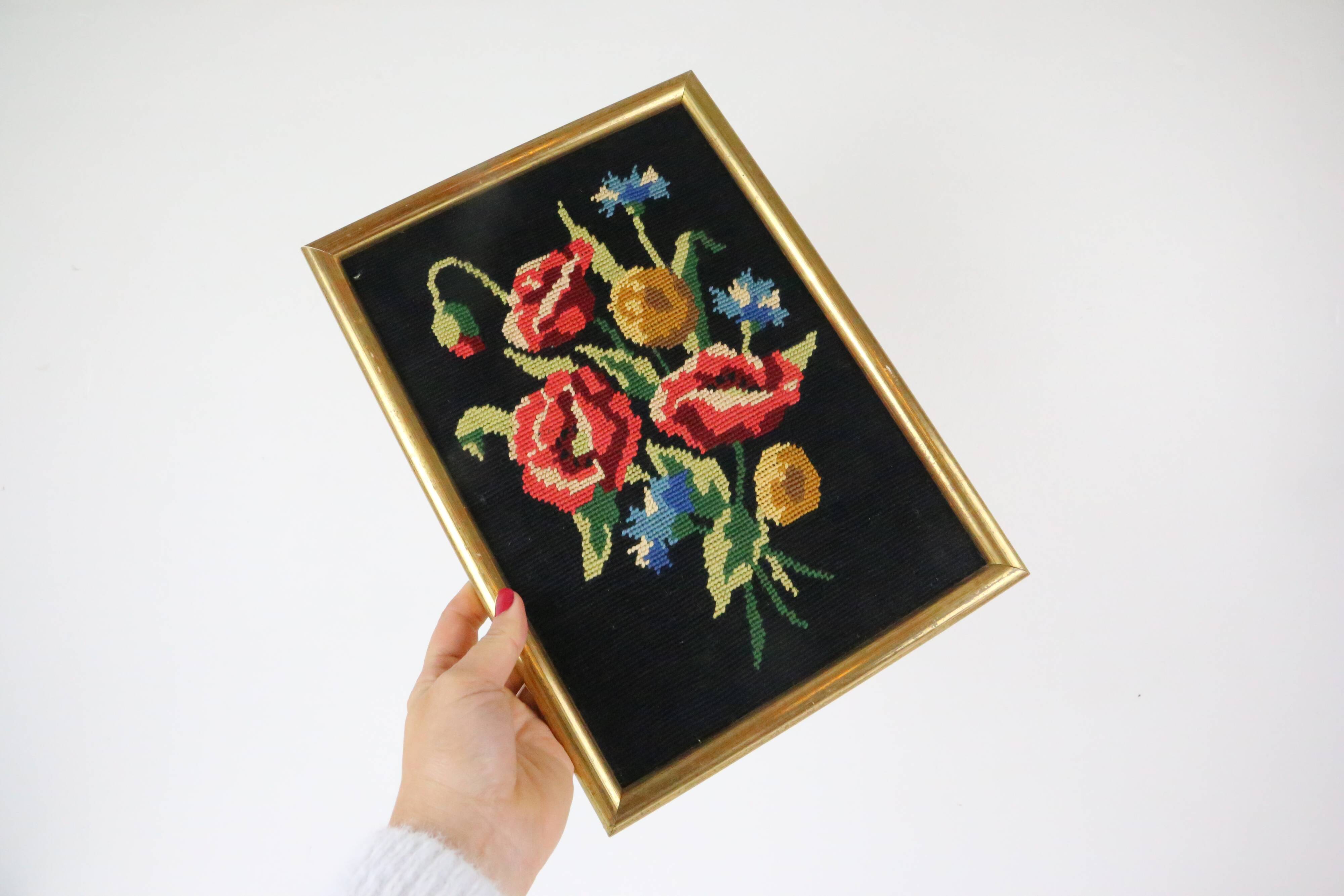 canvas bouquet of flowers in cross stitch, wall painting, vintage