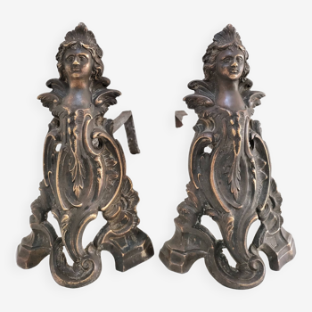 Pair of caryatid bronze andirons with black patina 19th century