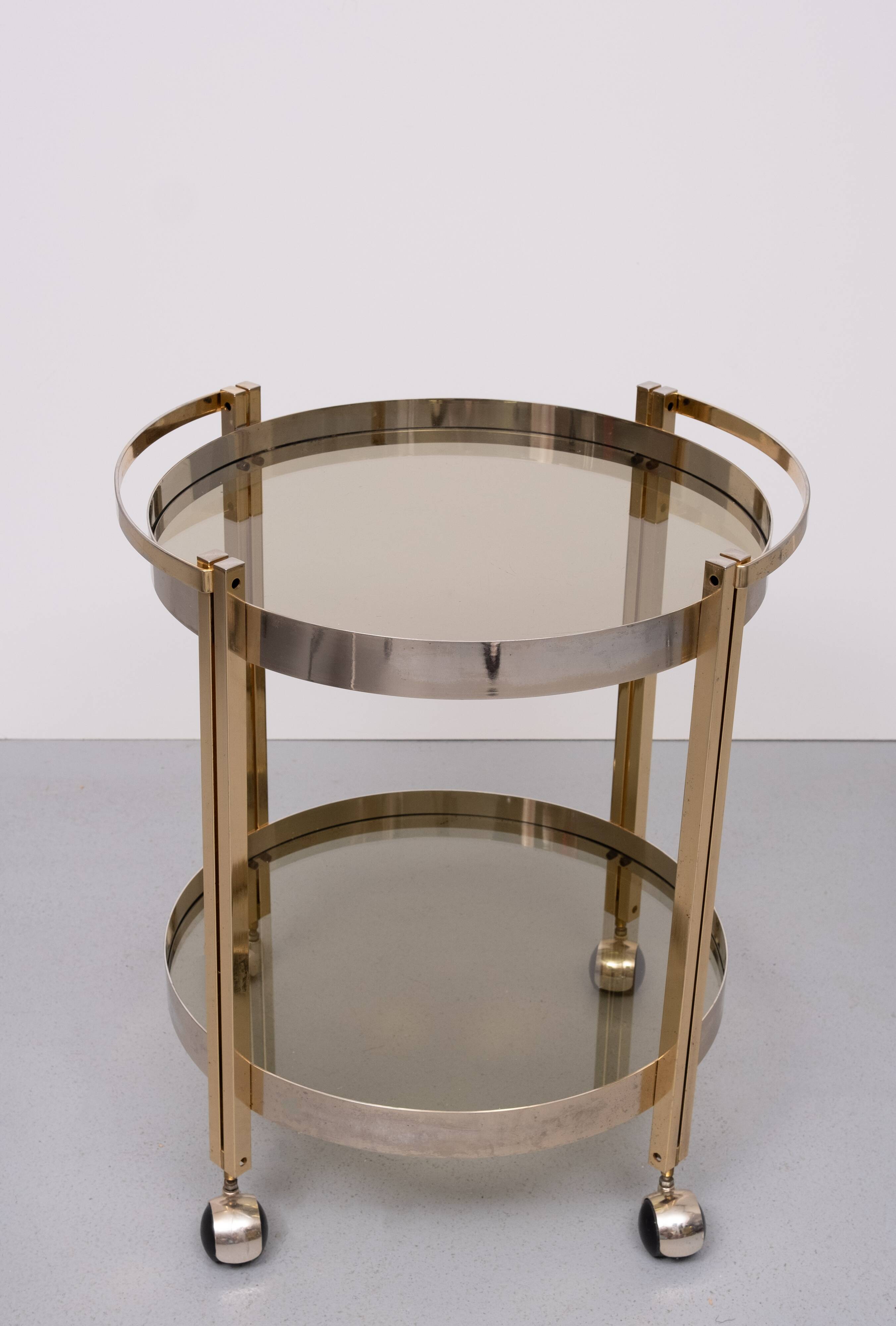 Hollywood Regency round Brass and Nickel Serving trolley 1970s