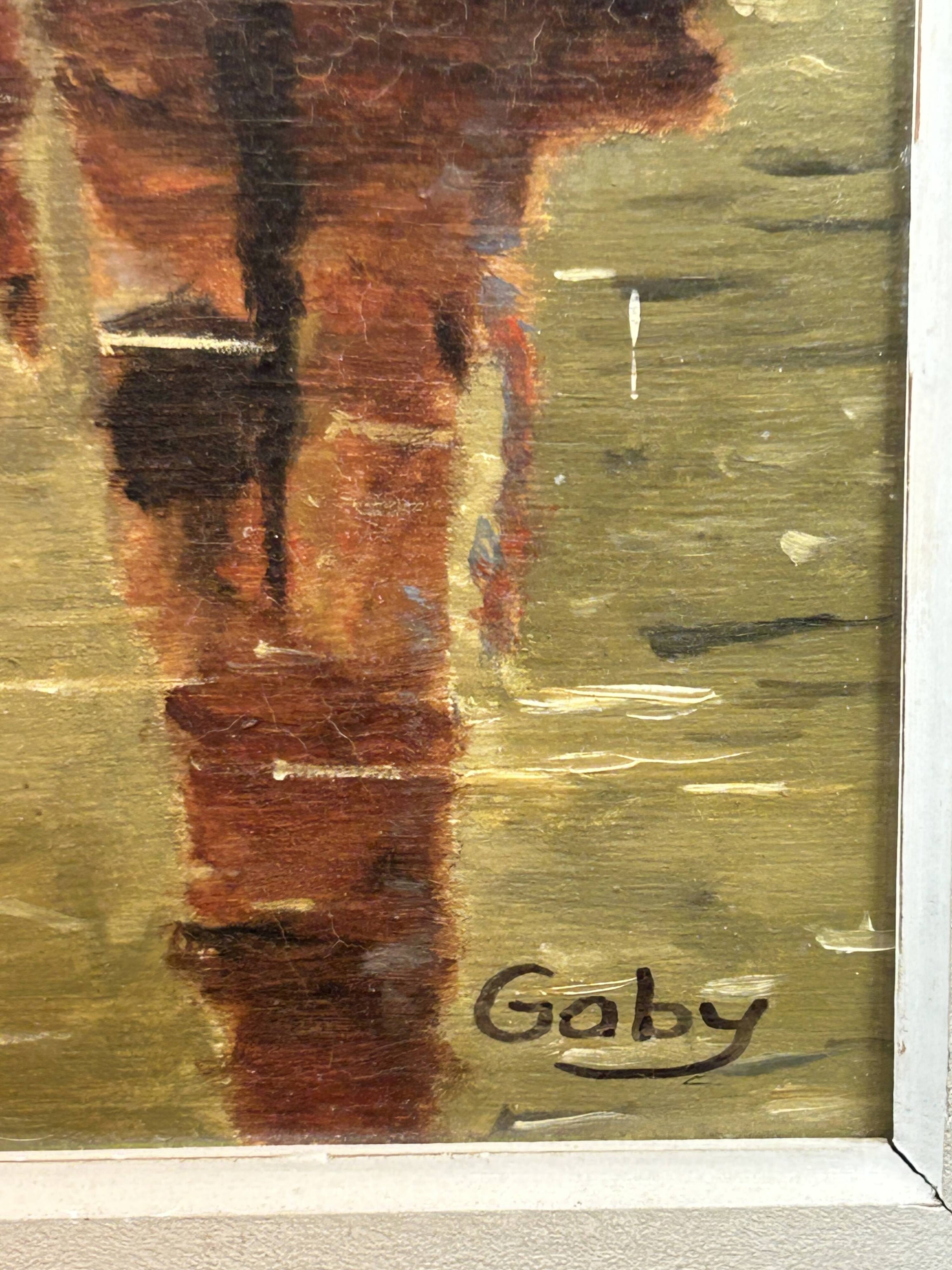 huile sur panneau, Marine animée sous soleil couchant, Signé Gaby