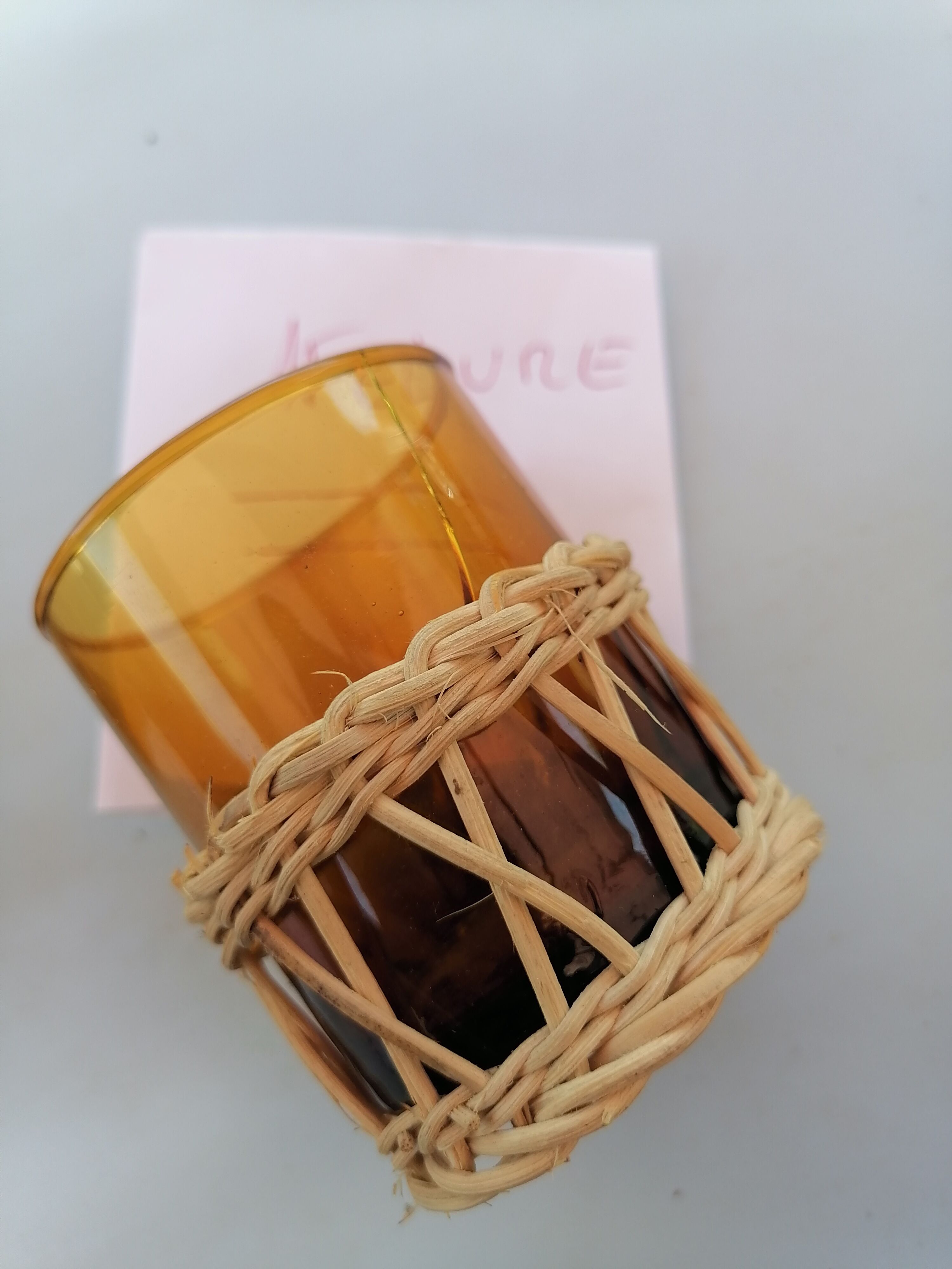 6 small glasses Amber Blown Glass garnished wicker 1 cracked