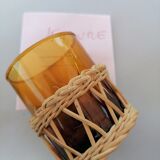 6 small glasses Amber Blown Glass garnished wicker 1 cracked