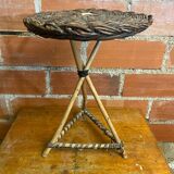 Vintage wooden tripod side table + woven wicker top