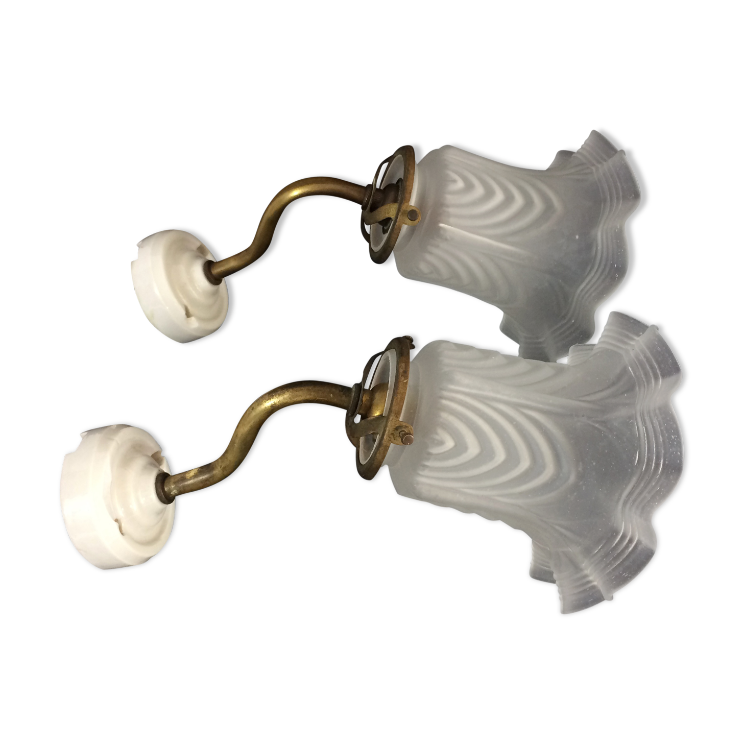 Pair of brass swan collar wall sconces, porcelain fastening. Vintage