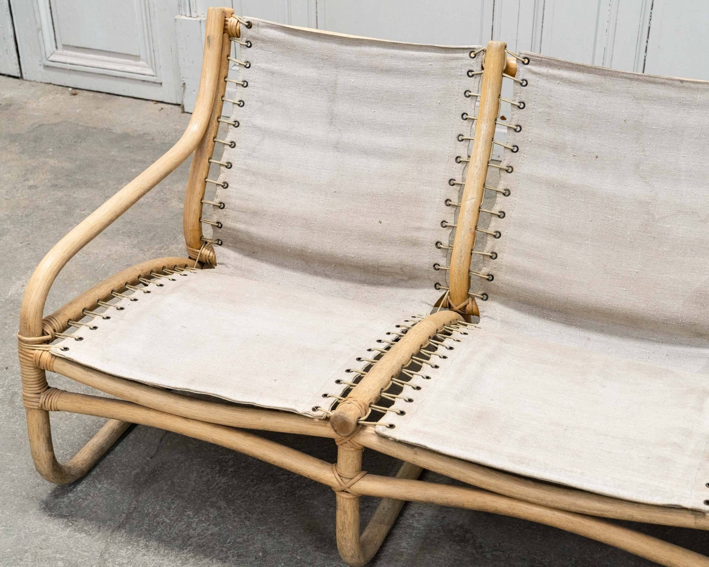 3-seater bench in rattan and thick cotton canvas