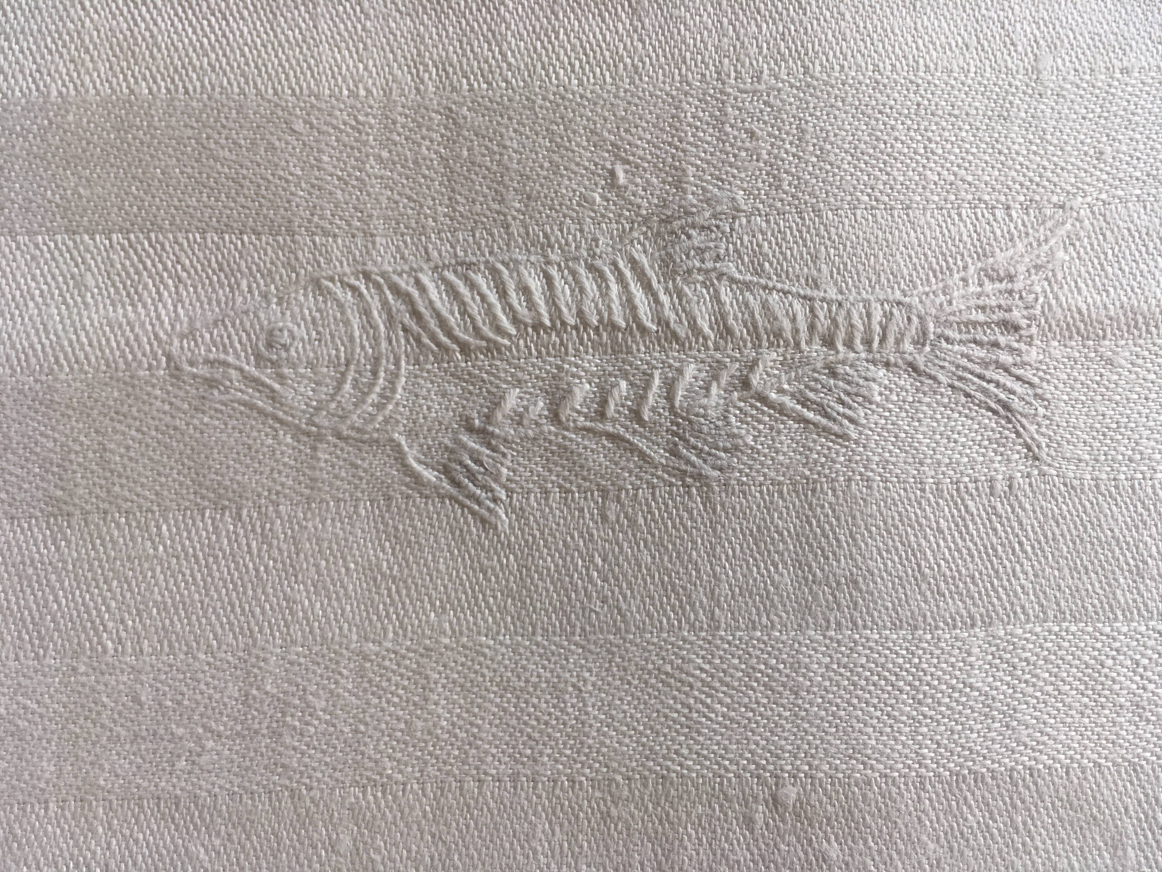 set of 6 19th damask linen napkins embroidered to a fish