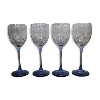 4 Luminarc red wine glasses with blue stem Azur France