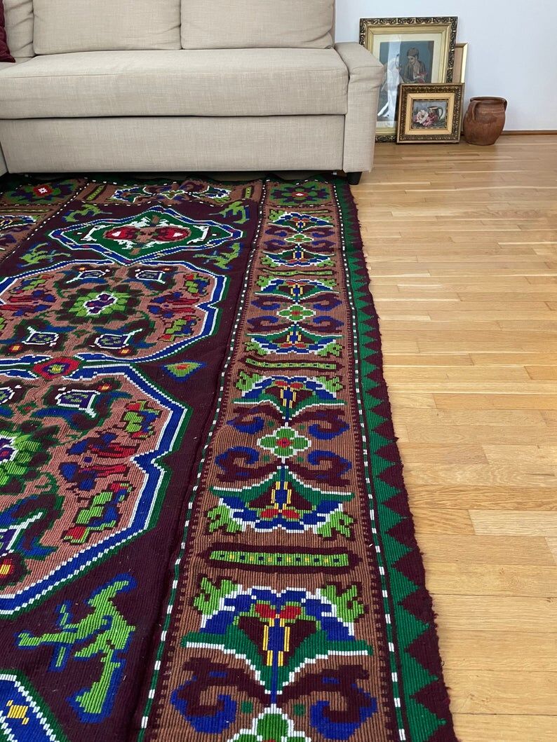 Handwoven vintage accent geometrical rug, colorful wool, wine colour with green and blue accents