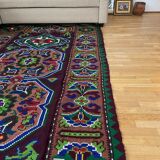 Handwoven vintage accent geometrical rug, colorful wool, wine colour with green and blue accents