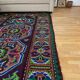 Handwoven vintage accent geometrical rug, colorful wool, wine colour with green and blue accents