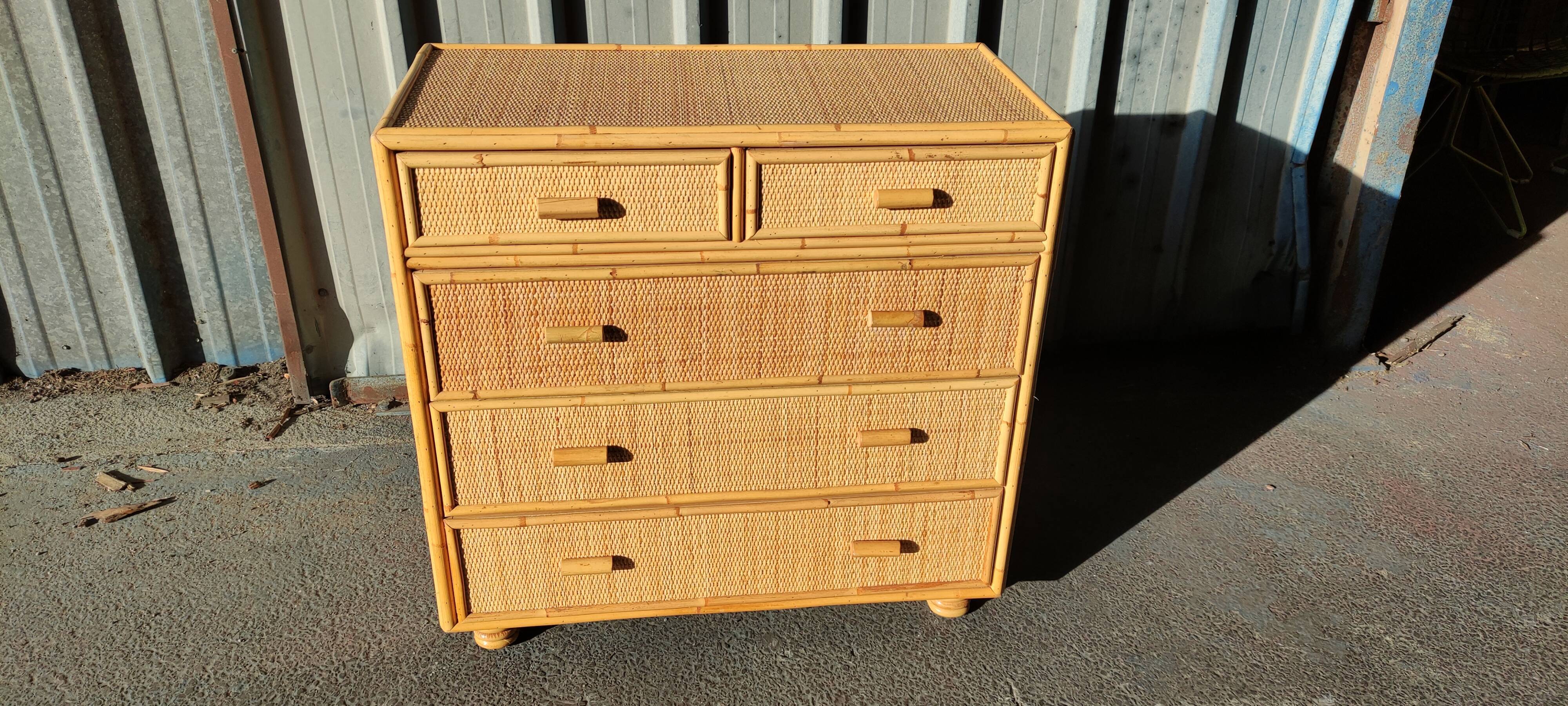 Chest of drawers 5 drawers in rattan and cannage