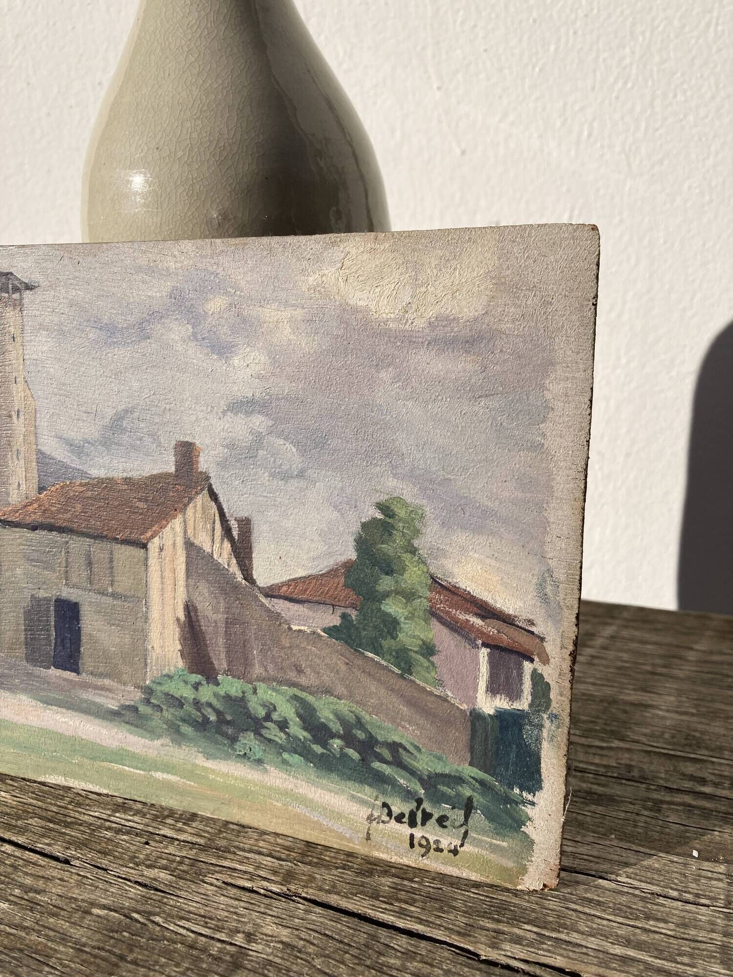 Oil on vintage wood panel / painting representing a village in the Landes